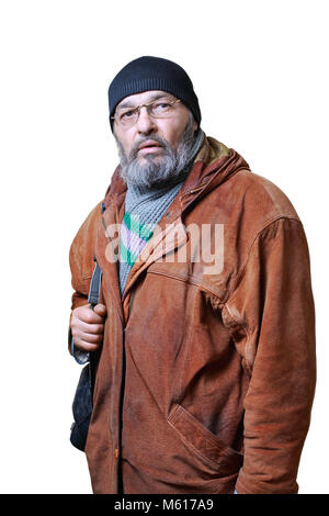 Real man with a beard in a hat in a brown leather jacket, with a bag on a white background Stock Photo