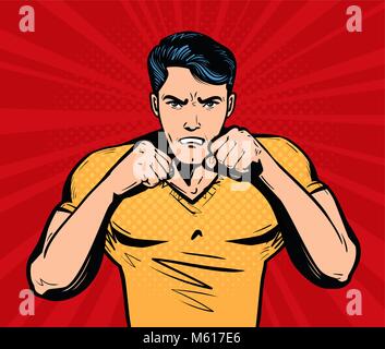 Aggressive and angry man with fists. Fighter, fight club concept. Cartoon vector illustration Stock Vector