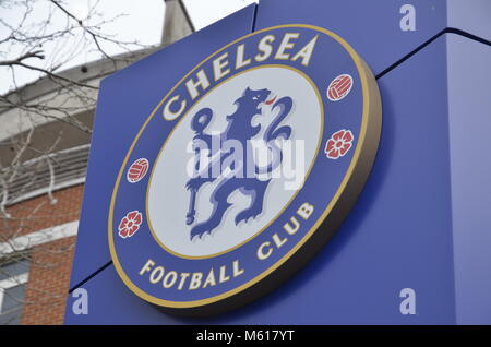 Welcome signage at Stamford Bridge stadium in West London, home of Chelsea Football Club in the English Premier League Stock Photo
