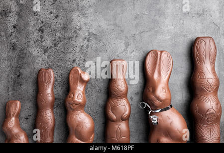 Variety of delicious chocolate Easter bunnies on rustic background Stock Photo