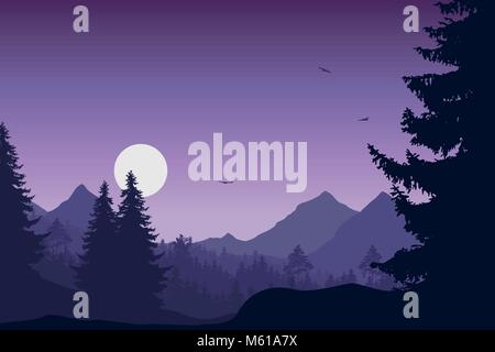 Mountain landscape with forest, under a purple sky with flying birds and sun or moon Stock Vector