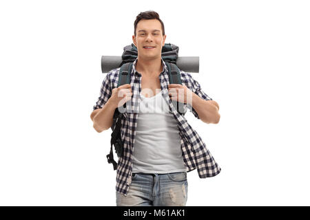 Young hiker looking at the camera and smiling isolated on white background Stock Photo