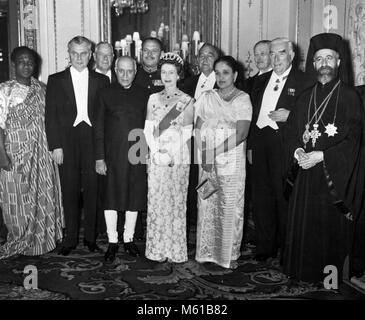 Queen Elizabeth II with the Prime Ministers and heads of state attending the Commonwealth Prime Ministers' Conference at the dinner party she gave at Buckingham Palace. With the Queen are (L-R) Dr Kwame Nkrumah (Ghana), John Diefenbaker (Canada), Dr Hendrik Verwoerd (South Africa), Jawaharlal Nehru (India), Field Marshal Muhammad Ayub Khan (Pakistan), Sir Roy Welensky (Rhodesia and Nyasaland), Mrs Sirimavo Bandaranaike (Ceylon), Harold Macmillan (Britain), Robert Menzies (Australia) and Archbishop Makarios (Cyprus).