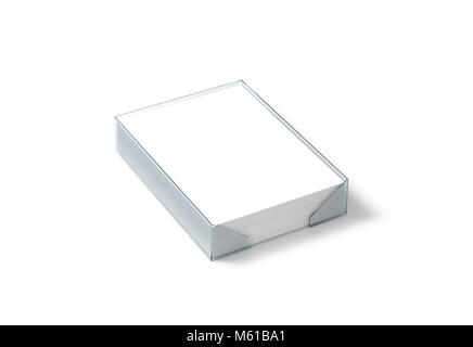 Blank white paper sheet mockup in plastic holder, clipping path, 3d rendering. Stack of A4 pages in acrylic transparent box mock up, isolated. Stock Photo
