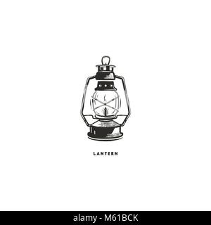 Vintage hand drawn lantern concept. Perfect for logo design, badge, camping labels. Monochrome. Symbol for outdoor activity emblems. Stock vector illustration isolated on white background Stock Vector