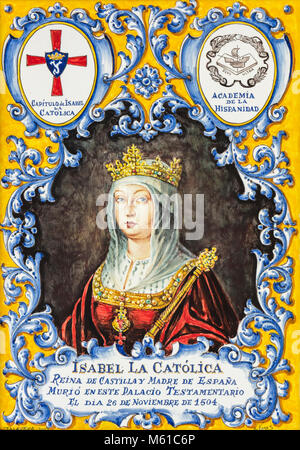 Painted ceramic tile representing Queen Isabella I of Castile at the Palacio Real Testamentario in Medina del Campo, Valladolid Province, Castile and  Stock Photo