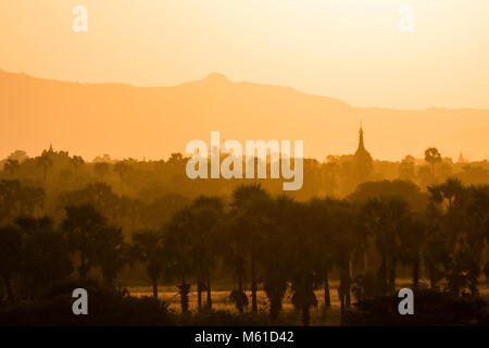 Landscape with temples and pagodas in the magic evening light in Bagan, Myanmar Stock Photo