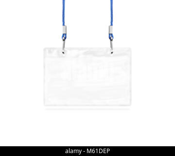 Blank bagde mockup isolated on white. Plain empty name tag mock up hanging on neck with string. Nametag with blue ribbon and transparent plastic paper Stock Photo