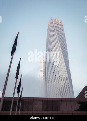 A misty image of the Cayan Tower In Dubai marina United Arab Emirates, Middle East. Stock Photo