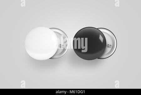 Blank black and white button badge mockup set, front and back side, 3d rendering. Empty clear pin emblem mock up. Round plastic volunteer label. Vote  Stock Photo