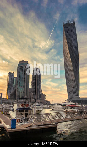 Dubai skyline at sundown, Dubai Marina, United Arab Emirates. Stock Photo