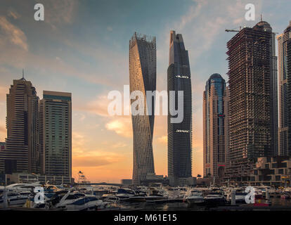 Dubai skyline at sundown, Dubai Marina, United Arab Emirates. Stock Photo