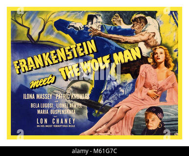 1940’s Vintage ‘Frankenstein Meets the Wolf Man’ Retro Film Vintage Film Poster directed by Roy William Neill in 1943. Stock Photo