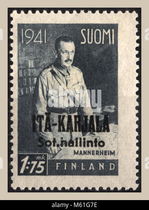 WW2 Finnish Postage stamp 1.75 mk for East Karelia Finland 1941 with General Mannerheim in military uniform as immediate today’s administrator Stock Photo