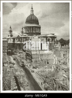 WW2 Saint Pauls Cathedral London Blitz surrounded by bombed out buildings in close proximity, after the Nazi Luftwaffe Blitz of 29th/30th December 1940 where St. Pauls Cathedral emerged remarkably unscathed and subsequently became a symbol of resistance during the World War II Second World War London Blitz bombings Stock Photo