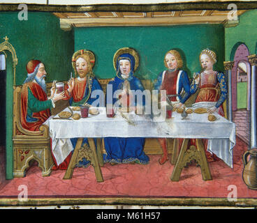 The Marriage at Cana. The transformation of water into wine at the marriage at Cana is the first miracle attributed to Jesus in the Gospel of John. Codex of Predis, 1476. Royal Library. Turin. Italy. Stock Photo