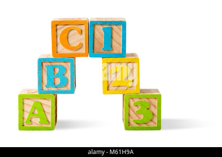 Letter and number blocks stacked on white background Stock Photo