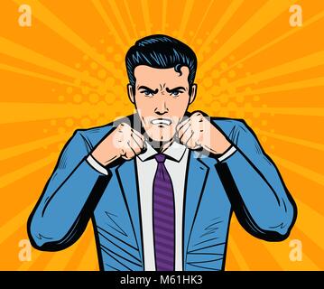 Aggressive businessman or super hero with fists. Business concept in pop art retro comic style. Cartoon vector illustration Stock Vector