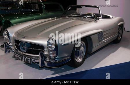 Three-quarter front view of a  1957, Silver, Mercedes-Benz 300 SL Roadster on display at the 2018 Classic Car Show Stock Photo