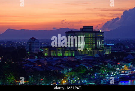 Sunset over Kuching with the Waterfront hotel centrsal Stock Photo