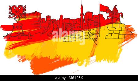 Tirana Albania Colorful Landmark Banner. Beautiful hand drawn vector sketch. Travel illustration for social media marketing and print advertising. Stock Vector