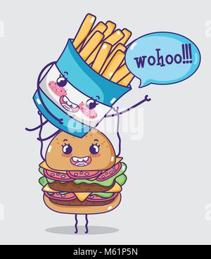 Hamburger and french fries kawaii cartoon Stock Vector