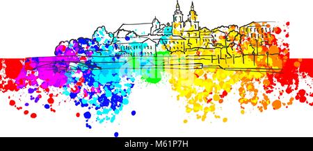 Minsk Belarus Colorful Landmark Banner. Beautiful hand drawn vector sketch. Travel illustration for social media marketing and print advertising. Stock Vector