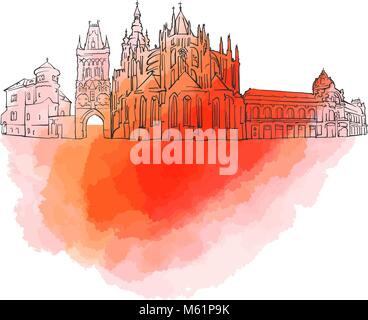 Prague Czech Republic Colorful Landmark Banner. Beautiful hand drawn vector sketch. Travel illustration for social media marketing and print advertisi Stock Vector