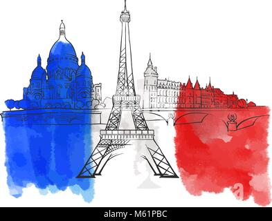 Paris France Colorful Landmark Banner. Beautiful hand drawn vector sketch. Travel illustration for social media marketing and print advertising. Stock Vector