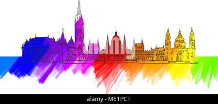 Budapest Colorful Landmark Banner. Beautiful hand drawn vector sketch. Travel illustration for social media marketing and print advertising. Stock Vector