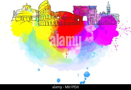 Rome Colorful Landmark Banner. Beautiful hand drawn vector sketch. Travel illustration for social media marketing and print advertising. Stock Vector