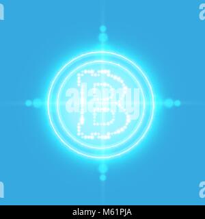 Bitcoin with neon target on the blue background with light. Stock Vector