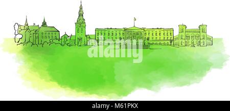 Oslo Colorful Landmark Banner. Beautiful hand drawn vector sketch. Travel illustration for social media marketing and print advertising. Stock Vector