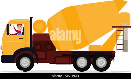 Vector cartoon driver man on truck concrete mixer Stock Vector