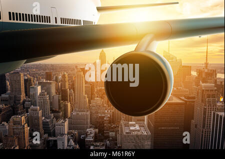 Illustration of airplane with city skyline on world map Stock Photo - Alamy