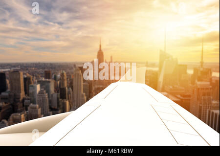 Airplane flying on a big city: 3D illustration Stock Photo