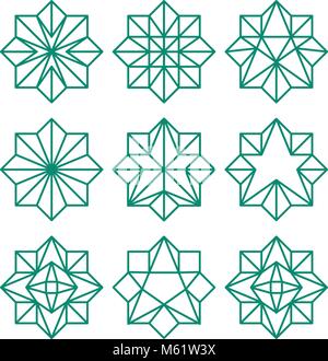 Line art geometric abstract star icon collection. Green color octagonal outline contour stars. Vector polygonal triangular shapes set. Stock Vector