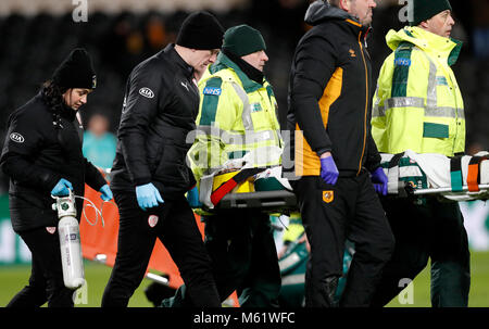 Barnsley's Adam Jackson is taken off on a stretcher during the Sky Bet Championship match at the KCOM Stadium, Hull. PRESS ASSOCIATION Photo. Picture date: Tuesday February 27, 2018. See PA story SOCCER Hull. Photo credit should read: Martin Rickett/PA Wire. RESTRICTIONS: No use with unauthorised audio, video, data, fixture lists, club/league logos or 'live' services. Online in-match use limited to 75 images, no video emulation. No use in betting, games or single club/league/player publications. Stock Photo
