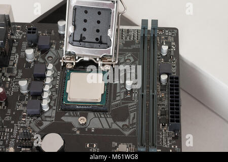 Close up of installed CPU processor on modern, new, motherboard. Stock Photo