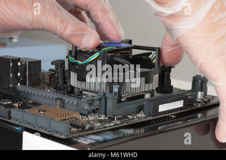 Close up of man hands installing CPU cooler fan on new, modern  motherboard. Thumb pushes the black pin to hole in motherboard. Stock Photo