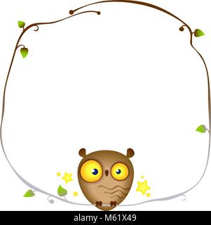 Cute funny Owl sits on a frame of a tree branch Stock Vector