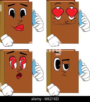 Books talking on cell phone. Cartoon book collection with various faces. Expressions vector set. Stock Vector