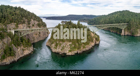 Panoramic view of Deception Pass Bridge in Washington State Stock Photo