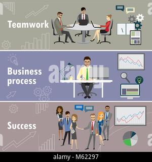 flat banner set with teamwork, business process and success, stock vector illustration Stock Vector