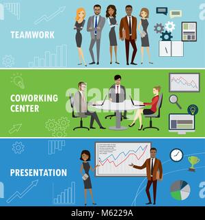 Set business banner. Teamwork,coworking and presentation. Business people in different situations.Vector illustration Stock Vector