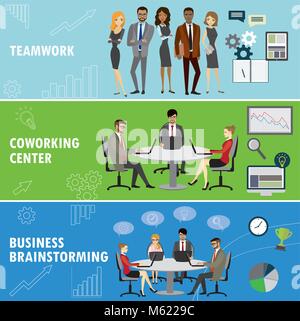 Set business banner. Teamwork,coworking and group brainstorming. Business people in different situations.Vector illustration Stock Vector