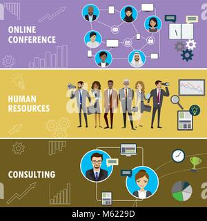 Set business flat  banner. Online conference, human resources , consulting.Business people in different situations.Vector illustration Stock Vector