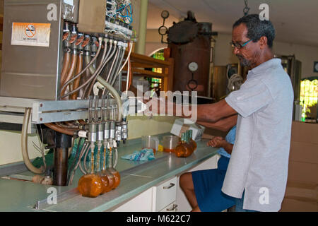 Chobolobo, liqueuer manufacture, bottling of the famous Blue Curacao, Willemstad, Curacao, Netherlands Antilles, Caribbean Stock Photo
