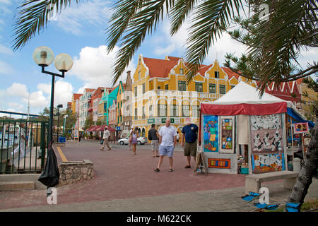 Souvenir stall at waterfront of Punda district, behind the Punha building and trade arcade, Willemstad, Curacao, Netherlands Antilles, Caribbean Stock Photo