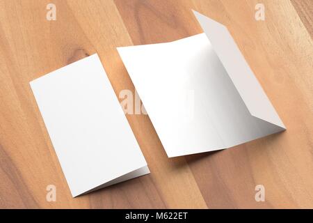 Thrifold - Three fold brochure mock up on wooden background. 3d illustrating Stock Photo